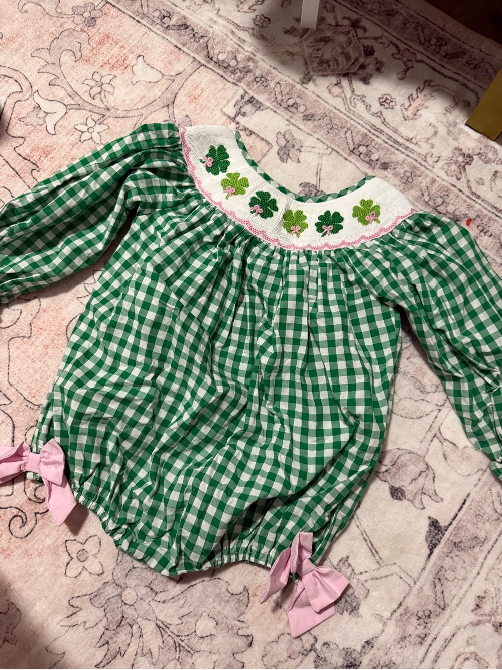 Green Gingham Smocked Baby One-Piece with Pink Bows